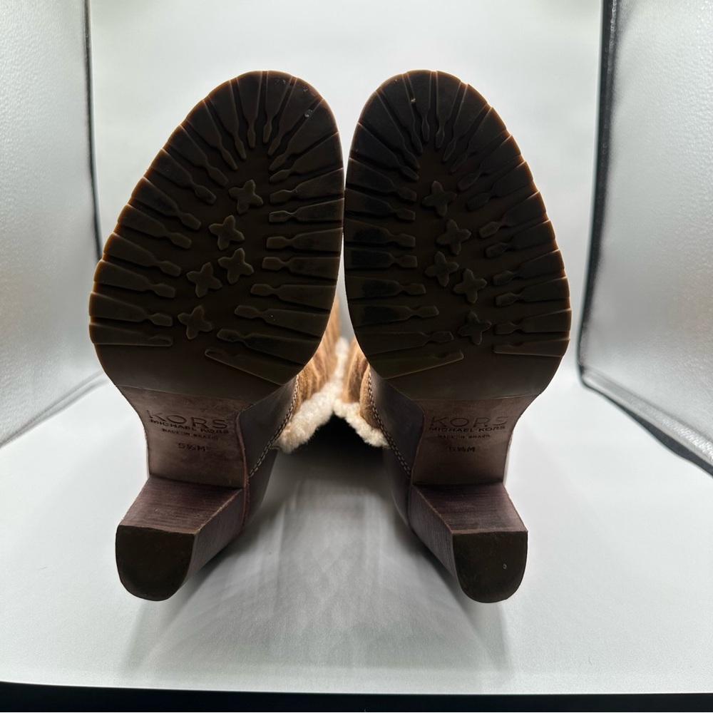 MICHAEL KORS Brown Leather Suede Sherpa Lined Tall Fold Over Heeled Boots Sz 5.5 - Picture 7 of 9